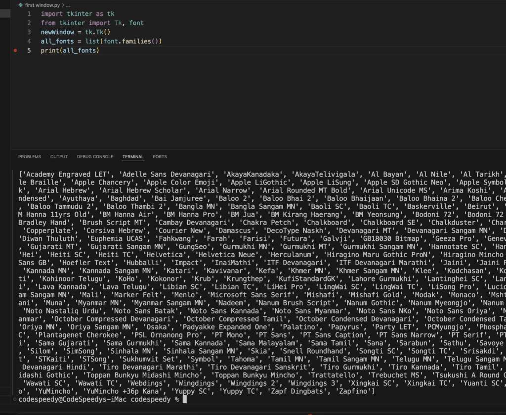 Print all the available font names in Tkinter